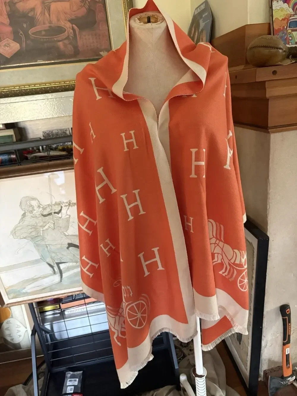 Oversized Cashmere Wrap Shawl Orange Ivory Equestrian Reversible Fringe Scarf